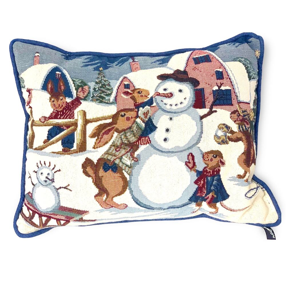 Vintage Newport Tapestry Winter Holiday Snowman Rabbit Decorative Throw Pillow